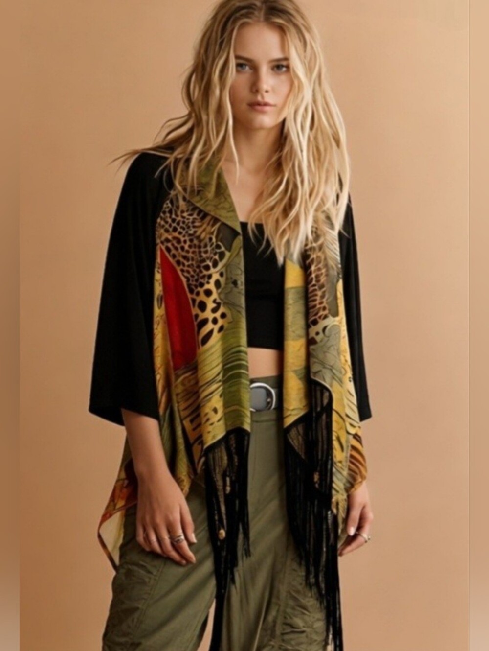Alberto Makali Mixed-Pattern Scarf Kimono with Fringe-Olive Green Multi